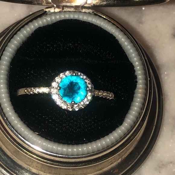 STERLING Silver Blue & White CZ Halo Engagement Statement Ring Sz 9.75 - Picture 6 of 12